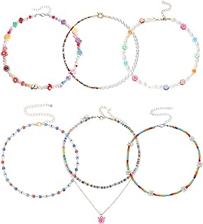9-Piece Y2K Inspired Alloy Beaded Choker Necklace Set with Lobster Clasp - Colorful Floral & Mushroom Designs - Perfect for Teen Girls and Women