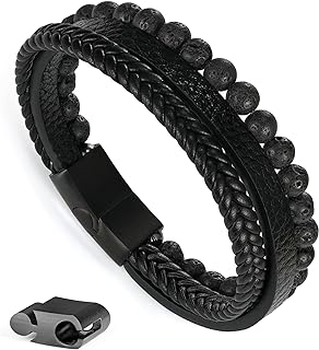 Layered Leather Beads Bracelets for Men,Braided Leather Tiger Eye Lava Rock Stone Bracelets for Men with Stainless Steel Magnetic Clasp Mens Leather Beaded Bracelets Jewelry Anxiety Stress Relief Gift