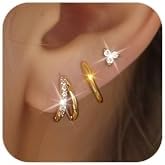 14K Gold Plated Double Hoop Earrings with S925 Sterling Silver Post, Set of 3, Hypoallergenic Huggie Design for Women with Cubic Zirconia, Push Back Clasp - Yellow Gold