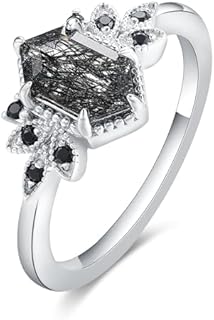 Gothic Art Deco 1.1 Carat Long Hexagon Natural Black Rutilated Quartz Engagement Ring Antique Marquise Bezel Set Round Black Spinel Ring 925 Silver Cluster Black Stone Wedding Ring Plated by Platinum Unique Birthstone Ring for Mom