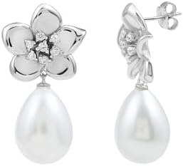 Screw-Back Fresh Water Pearl and Simulated Diamond Drop Earrings in White Gold Plated Silver for Women - Floral Design - Handpicked AAA Quality