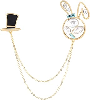 Pin Clasp Gold-Plated-Brass Rabbit Brooch with Cubic-Zirconia Gems for Men & Women, Rabbit Head & Hat Design