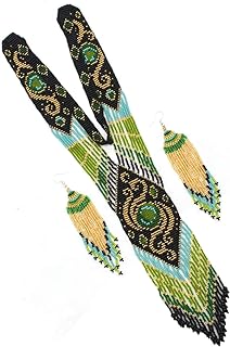 Lobster Clasp Green Beads Necklace with Czech Glass Beads for Women, Native American Design - Lavivia Handmade Long Necklace and Earrings Set