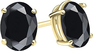 Screw Back Yellow Gold Black Sapphire Stud Earrings for Women, Oval Design 14K Solitaire