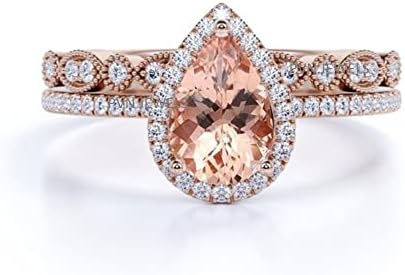 Pear Shaped Morganite Engagement Ring Wedding Stacking Band Set Promise Bridal Ring Set 14K Rose Gold Plated