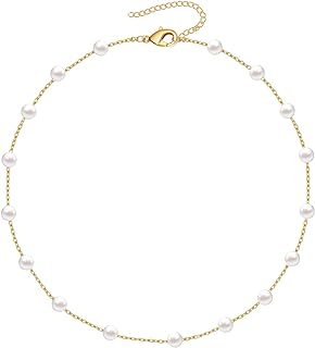Pearl Choker Necklace for Women,18k Gold Tiny Chain Dainty Charm Adjustable Aesthetic Pearl Necklace for Teen Girls