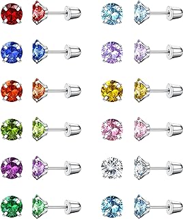 Fansilver 12 Pairs Hypoallergenic Screw Back Stud Earrings for Women Surgical Steel Cartilage Stud Earrings Heart Star Multicolored Birthstone Stud Earrings Set