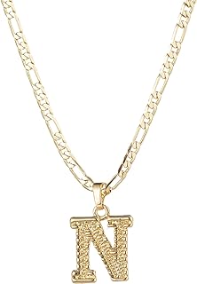 Initial Necklace for Women Men Girls Boys, Gothic 14K Gold Plated 26 Letters Pendant Necklace, Figaro Paperclip Chain with Extension