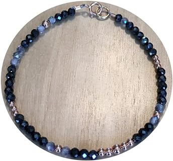 Natural Black Spinel and Blue Sapphire Bead Bracelet with Silver Plated Clasp for Men and Women, Designed in Round Shape Faceted Cut Gemstones | Gender-Neutral Handcrafted Indian Jewelry