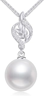 SISGEM 14k Gold Leaf-Design Pearl Drop Pendant Necklace with Diamonds and Wheat Chain, Elegant Gift for Women