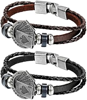 OIDEA 2pcs Mes Womens Punk Rock Poker Card Ace Charm Leather Braided Cuff Bangle,Couples Bracelet,Black,Brown,8.3 Inch
