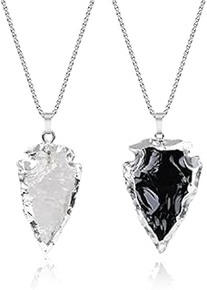 Obsidian & Clear Quartz Crystal Arrowhead Pendant Necklace with Box Chain and Lobster Clasp for Couples