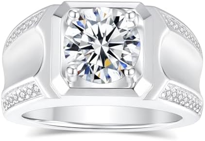 Mens Moissanite Wedding Bands, D Color Lab Created Diamond 18K White Gold Plated Sterling Silver, 2CT Round Wedding Anniversary Band Ring for Men‘s Gift(Size 6-13)