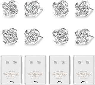 Cubic Zirconia Knot Stud Earrings in Rose Gold for Women, Set of 4 or 6 - Elegant Bridesmaid Gifts with Push Back Clasps, Hypoallergenic Copper Material, Wedding Proposal Love Knot Design