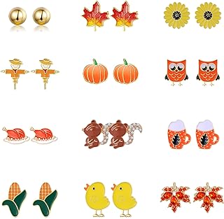 12 Pairs Hypoallergenic Fall Thanksgiving Earrings Set for Women Girls Pumpkin Maple Leaf Turkey Corn Squirrel Sunflower Stud Earrings for Teen Girls Fall Jewelry Autumn Earrings Thanksgiving Gifts