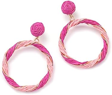 French Wire Clasp Raffia Hoop Earrings With Brass Chain - Statement Boho Rattan Dangles For Women, Round Geometric Design - Perfect for Summer Beach Outing