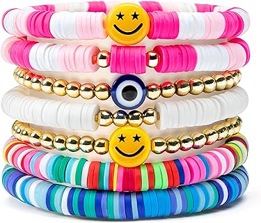 Colorful Y1tvei Clay Bead Bracelet Set - Preppy Happy Smile & Evil Eye Designs - Acrylic Bead Chain, Boho Disc Y2K, Stackable - Summer Beach Jewelry for Women & Girls