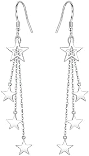 Women's Asymmetrical Star and Moon Tassel Drop Dangle Earrings with French Wire Back Finding, Made from Alloy