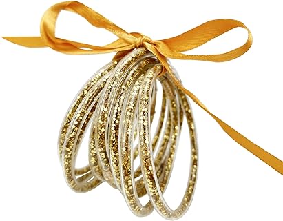 YBMYCM Resin Alloy Bangle Bracelets for Women and Girls, Set of 9 Glitter-Filled Jelly Silicone Bangles with Lobster Claw Clasp and Box Chain Design