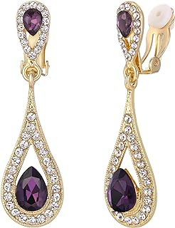 Clip-On Purple Ball Design Earrings for Women - Dual Teardrop Dangle with Rhinestone Crystals by EVER FAITH