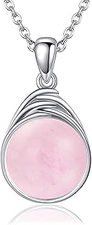 925 Sterling Silver Rolo Chain Necklace with Rose Quartz Round Pendant for Women - POPLYKE