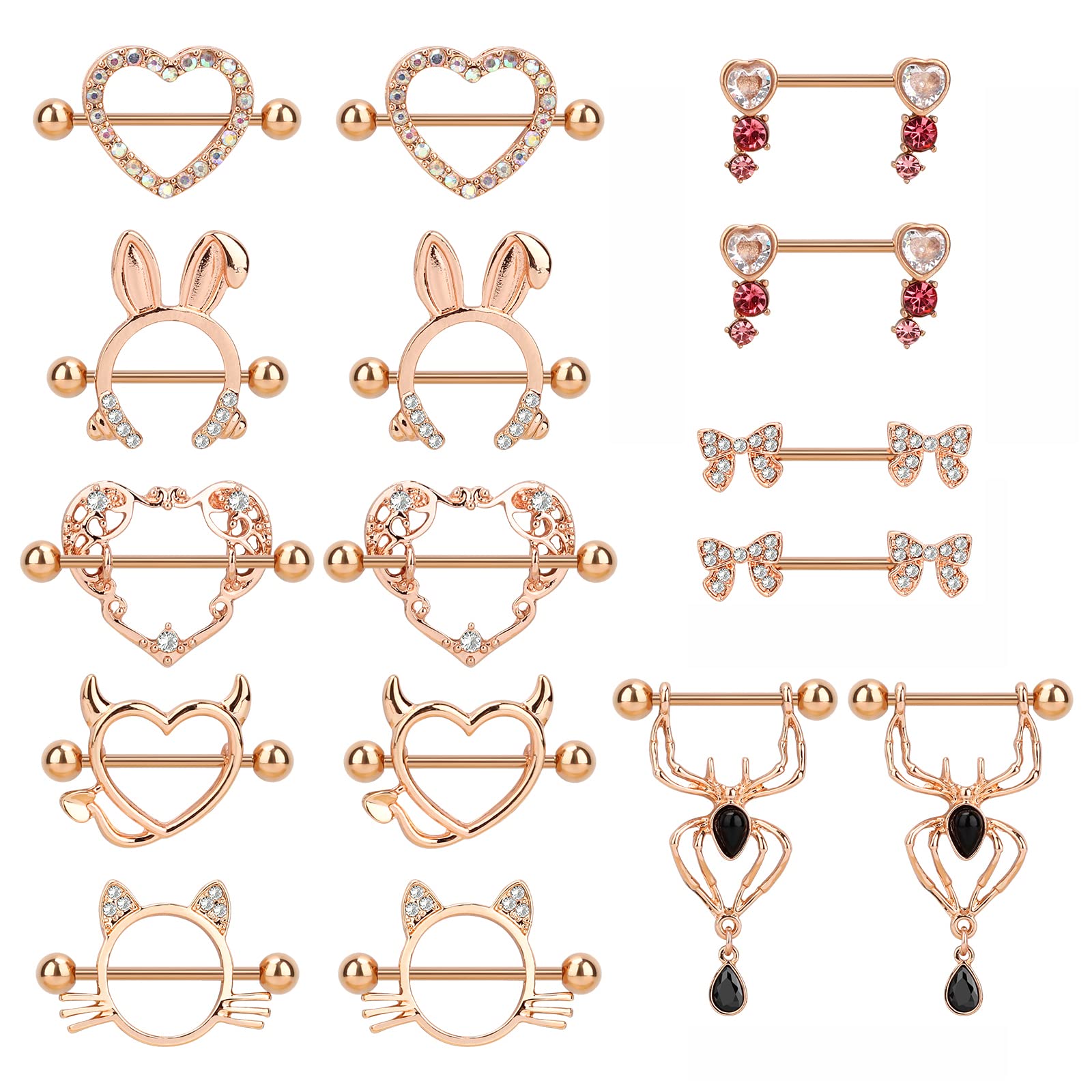 CrazyPiercing 8 Pairs Cute Nipple Rings Surgical Stainless Steel Barbell Nipple Rings 18G Nipple Piercing Jewelry Set for Women Man (Rose Gold)