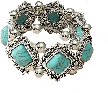 No-Clasp Choistily Turquoise Beaded Bangle Bracelet in Zinc Metal for Women with Vintage Design