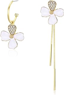 EleQueen Mismatched Earrings Asymmetric Leaf Bee Flower Earrings Gold Plated Rhinestone Crystal Enamel Flower Stud Earrings 2 Chain Dangle Earrings for Women Girls
