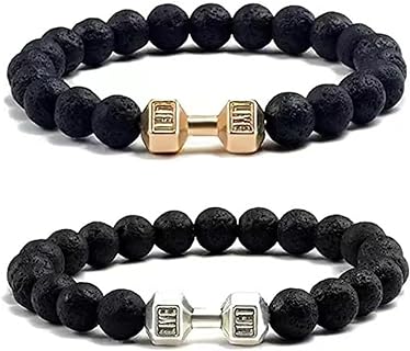 Buckle Clasp Gym Bead Bracelet - 2 Pcs Harry and Henry Dumbbell Design with Bead Chain - Silver and Iron Zinc Material - Ideal for Men and Gym Lovers - Black Beads, Weighted Iron Wrist Bracelet