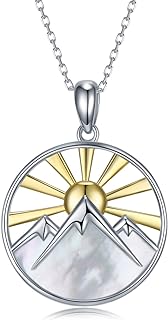 Lobster Clasp, Sterling Silver Mountain Pendant Necklace with Rolo Chain and White Cowry Gem for Women, Ideal for Nature Enthusiasts, Skiers, Hikers, Campers - Sun & Mountain Design