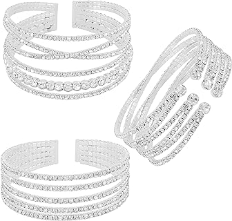 MOZAKA 3Pcs Crystal Rhinestone Cuff Bracelet for Women Silver Strand Layered Bridal Bracelet Jewelry for Prom Party Wedding