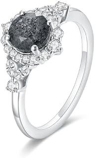 Platinum Plated Salt and Pepper Herkimer Diamond Engagement Ring- 1.0ct Round Cut Black Diamond for Women Vintage Design