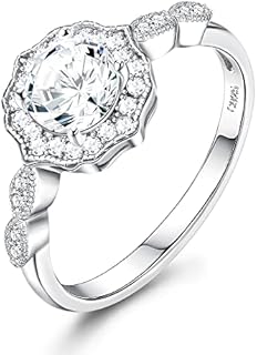 925 Sterling Silver Lotus Engagement Ring with 5A Cubic Zirconia for Women, Round Solitaire Halo Design, Size 6