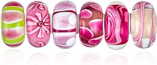 Bling Jewelry Mixed Set Of Bundle .925 Sterling Silver Core Translucent Shades Of Red White Stripe Green Pink Floral Murano Glass Swirl Charm Bead Spacer Fits European Bracelet For Women Teen