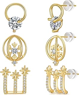 JZTJE 18K Real Gold Snowflake Stud Earrings for Women | 3 Pairs Hypoallergenic 6MM Zirconia Hollowed Out Stud Earrings | Holiday Gifts for Young Girls
