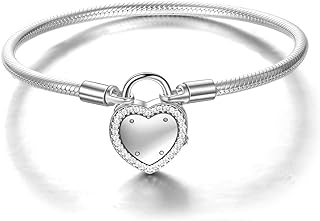 Lock of Love Heart Charm Crazy in Sterling Silver Snake Bracelet with Buckle Clasp - Perfect Gift for Women and Girls
