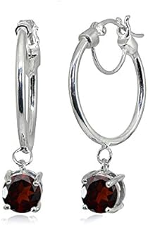 Sterling Silver Post Snap Down Clasp Round Hoop Earrings With Dangling Garnet Gemstones for Women
