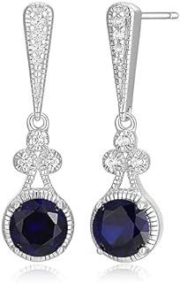 Butterfly Back Round Blue Sapphire Dangle Earrings with Vintage-Inspired Design in Sterling Silver for Women - by Morgan & Paige