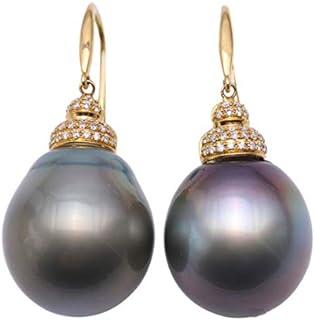 Rare 18K Yellow Gold Tahitian Pearl Earrings Tear 16-17mm Black Pearl Drop Earrings AAA+
