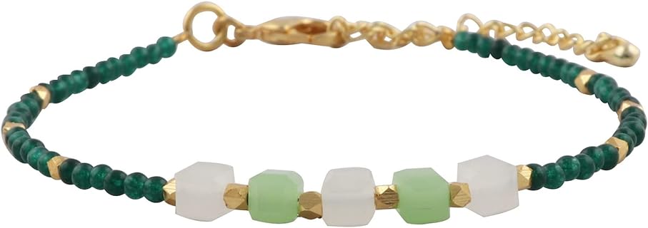 Elegant Women's Beaded Bracelet - Bead Chain Design with Emerald & Moonstone on Gold-Plated Brass - Easy Hook Clasp, Pyramid & Chalcedony Gemstones