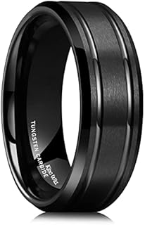King Will Tungsten Carbide Wedding Ring for Men - 8mm Black Plated/Silver Brushed Finish Two Grooved Line/Grooved Center Comfort Fit Mens Wedding Band for Everyday Wear