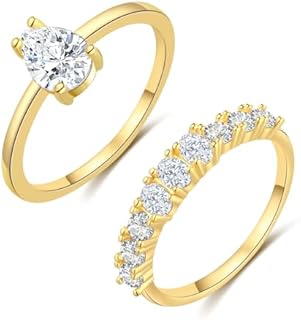 FUNEIA Cubic Zirconia Gold Rings for Women Non Tarnish Trendy Dainty 14K Gold Plated Stackable Princess Cut Fake Engagement Ring Set Diamond Wedding Promise Rings for Her Jewelry Size 6 7 8 9 10 11