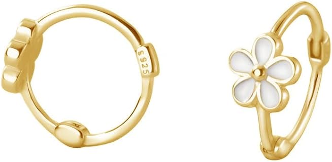 Dainty Daisy Flower Hoop Earrings Sterling Silver Tiny Small Cartilage Hoops for Women Girls 14K Gold Plated Hypoallergenic Cute White Cherry Blossom 18g Piercing Huggie Jewelry Gifts Inner 9.5mm
