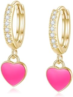 14K Gold Plated Pink Heart Dangle Drop Earrings for Women Girls CZ Huggie Hoops Charm Earrings Dangling Hot Pink Enamel Love Heart Earrings Dainty Cute Valentines Day Gift Jewelry