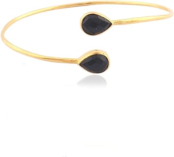 Guntaas Gems Black Onyx Brass Gold Plated Double Cut Stone Pear Shape Adjustable Open Cuff Bangle Bracelet Gift For Her