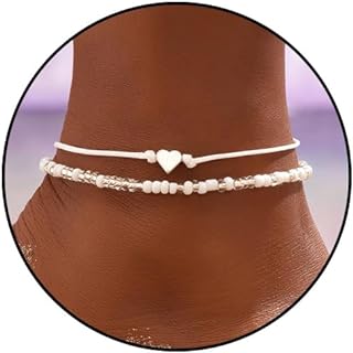 Handmade Beaded Anklets for Women Gold Heart Anklet Chain Boho White Beaded Ankle Bracelets Adjustable Beach Foot Anklet Set Summer Jewelry Gifts for Women Girls