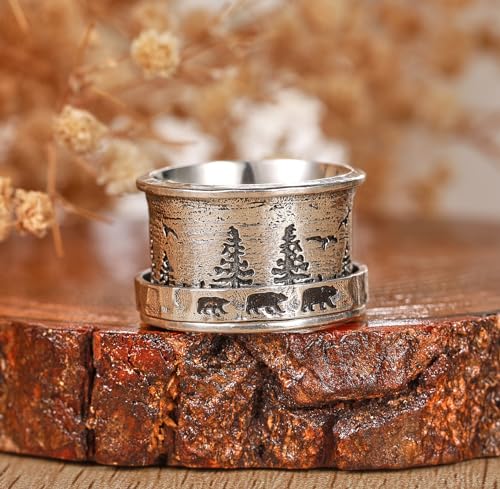 925 Sterling Silver Spinner Fidget Rings for Women Tree of Life/Celtic Tree/Deer & Pine/Bear & Pine Anxiety Relief Rings Wide Ring Bands Statement Jewelry for Women Size 6-10