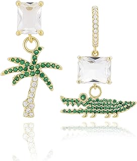 Concept8 palm tree & crocodile green cubic zirconia unique unbalanced design 925 silver post earrings