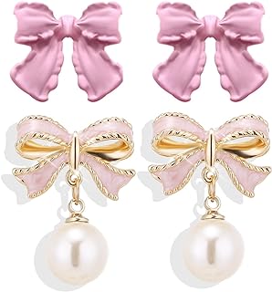 PINCHUAN 3pairs Gold Bow Earrings Small Classic Bow Stud Earrings Gold Bow Knot Earrings Pearl Bow Earrings Pink Bow Earrings Bow Drop Earrings Christmas Gift Bow Earrings for Women