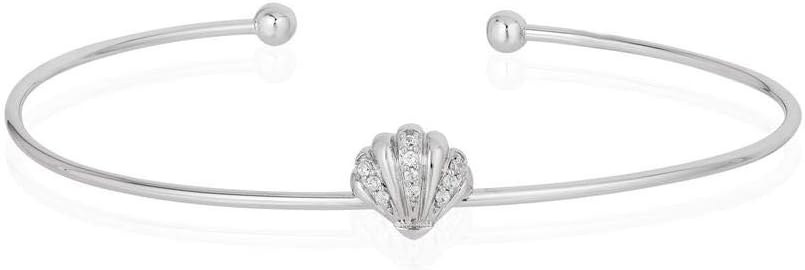 Jewelili Enchanted Disney Fine Jewelry Sterling Silver 1/10 Cttw Diamond Ariel Shell Bangle